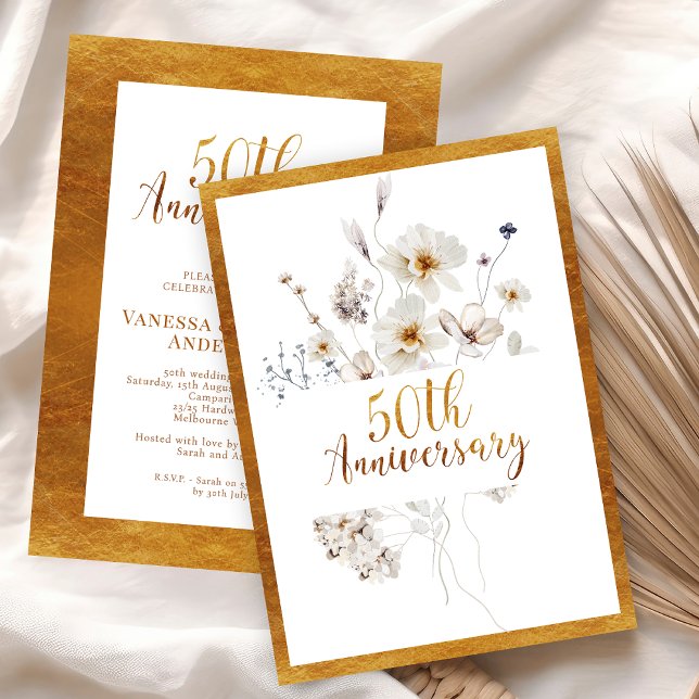 Convites Faux Dourado Calliografia Floral 50º Aniversário (Golden 50th Anniversary Invitation Faux Gold Calligraphy, Floral 50th Anniversary Invitation,  )