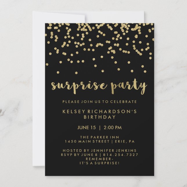 Convites Faux Dourado Confetti no Black Surprise Party (Frente)