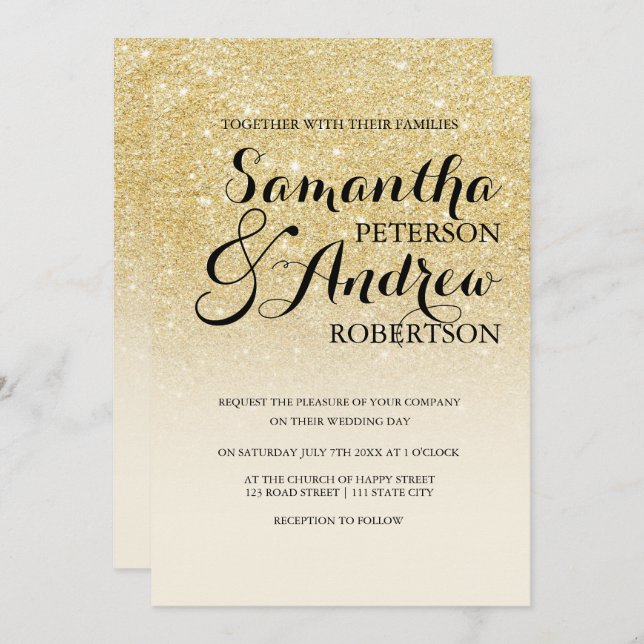 Convites Faux dourado da chic marfim do casamento branco (Frente/Verso)