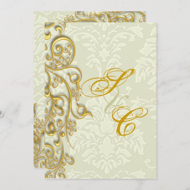 CONVITES FAUX DOURADO FILIGREE FAUX DAMASK IVORY (Frente/Verso)