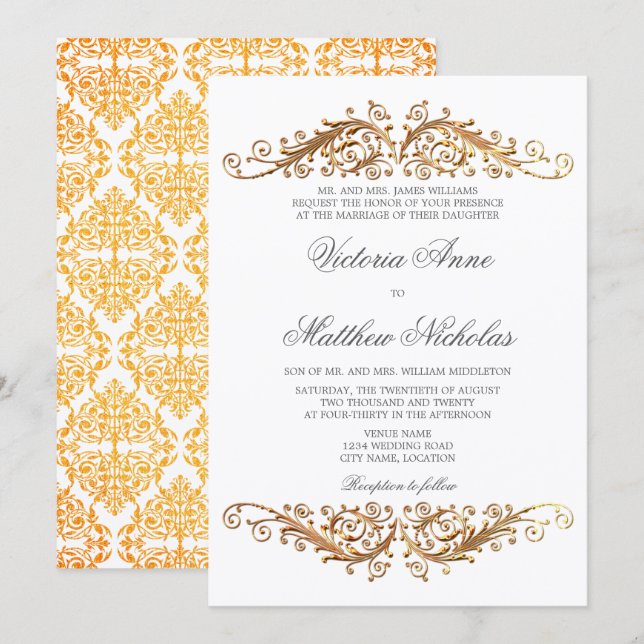 Convites Faux Dourado Flourish Damask (Frente/Verso)