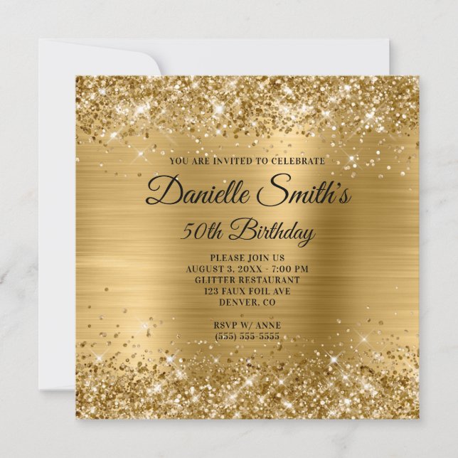 Convites Faux Dourado Glitter and Foil 50th Birthday (Frente)