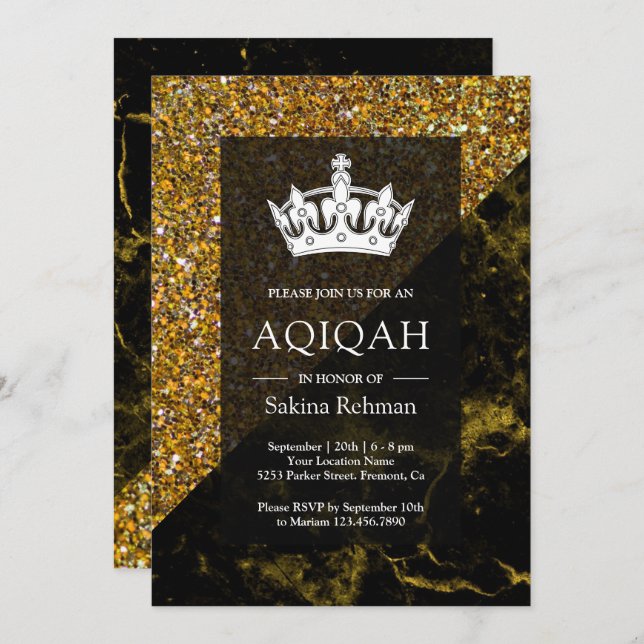 Convites Faux Dourado Glitter Dourado Marble Aqeqah | Aqiqa (Frente/Verso)
