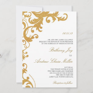 Convites Faux Dourado Glitter Elegant Casamento tema damasc