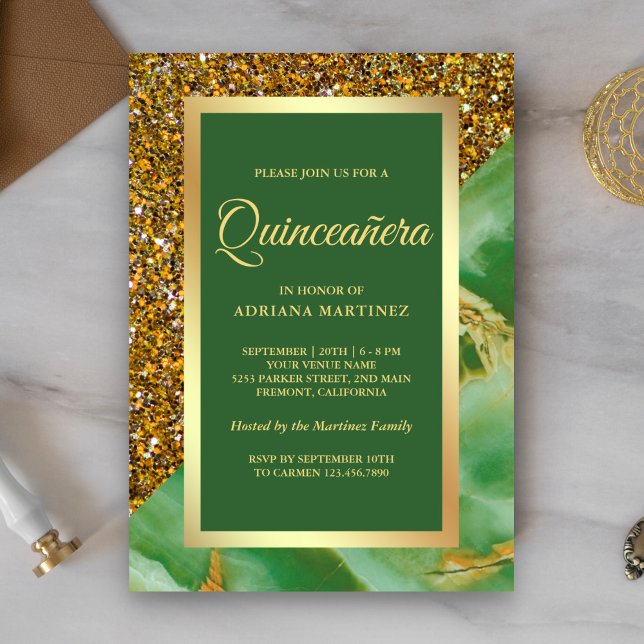 Convites Faux Dourado Glitter Green Marble Quinceanera (Criador carregado)