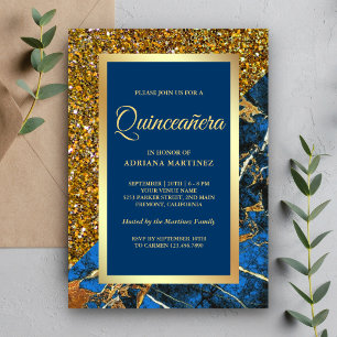 Convites Faux Dourado Glitter Royal Blue Marble Quinceanera