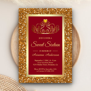 Convites Faux Dourado Glitter Tiara Princess Red Swedezesse