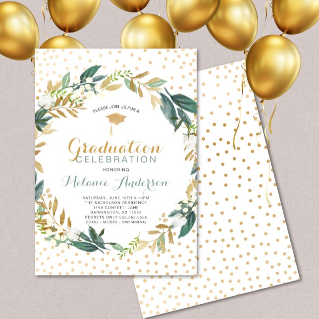 Convites Faux Dourado Greenery Wreath + Graduação de confet (Criador carregado)