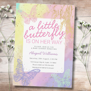 Convites Faux Dourado Rainbow Butterflies Girl Chá de fral