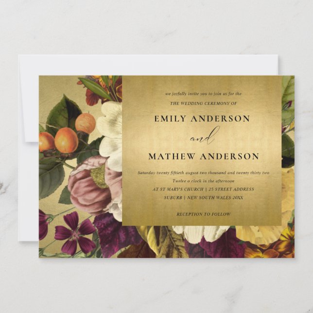 CONVITES FAUX DOURADO VINTAGE RETRO BURGUNDY FLORTING (Frente)