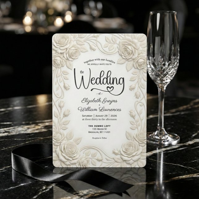 Convites Faux Embossed 3D Cream Rose Bas Relief Wedding  (Criador carregado)