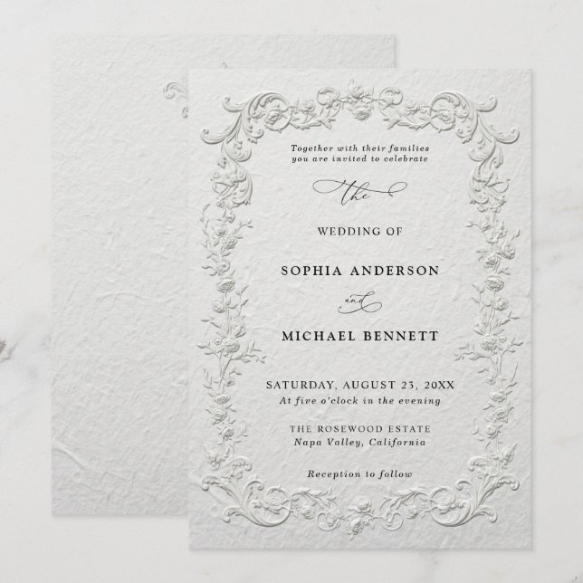 Convites Faux Embossed Floral Wedding Invitation (Frente/Verso)