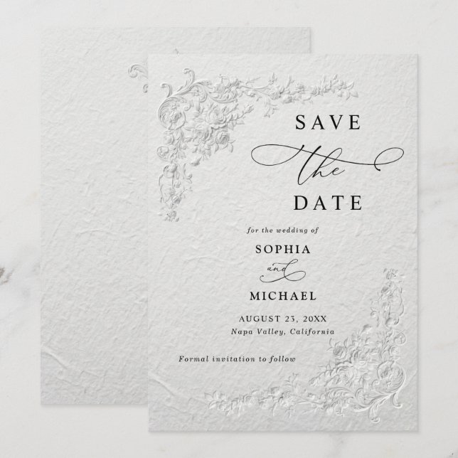 Convites Faux Embossed Floral Wedding Save the Date  I (Frente/Verso)