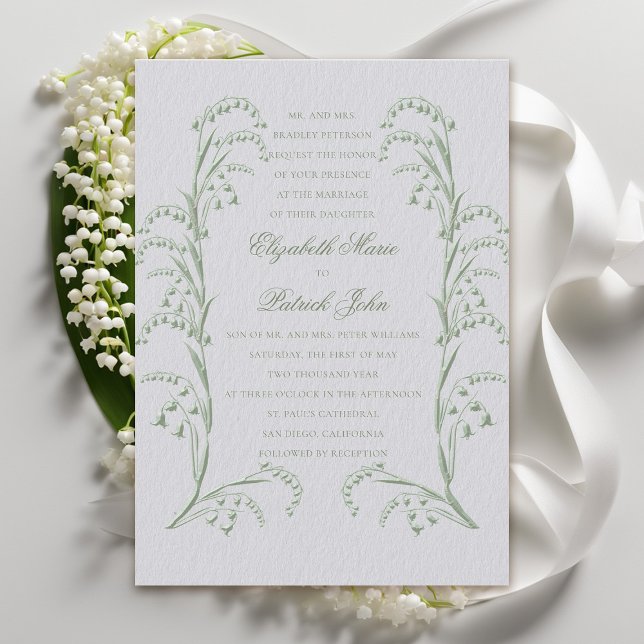 Convites Faux Embossed Lily Valley Ivory Green Wedding (formal wedding invitation classic traditional faux embossed lily of the valley frame ivory green)