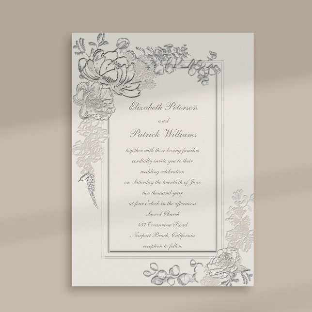 Convites Faux Embossed Peonies 2 Frames Calliografia Casame (peony wedding invitation floral double frame formal traditional calligraphy ecru traditional classic)