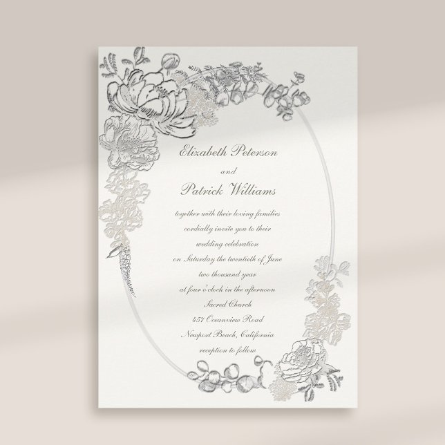 Convites Faux Embossed Peonies Calliografia Pearl Que Casam (peony wedding invitation floral oval frame formal traditional elegant calligraphy pearl classic)