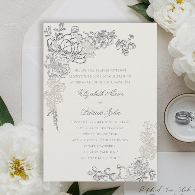 Convites Faux Embossed Peonies Frame Formal Ecru Casamento (peony wedding invitation floral frame formal traditional elegant calligraphy modern classic ecru)