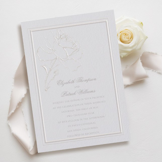 Convites Faux Embossed Rosa Frame Ivory Formal Casamento (faux embossed rose double frame wedding invitation modern classic traditional formal ivory)