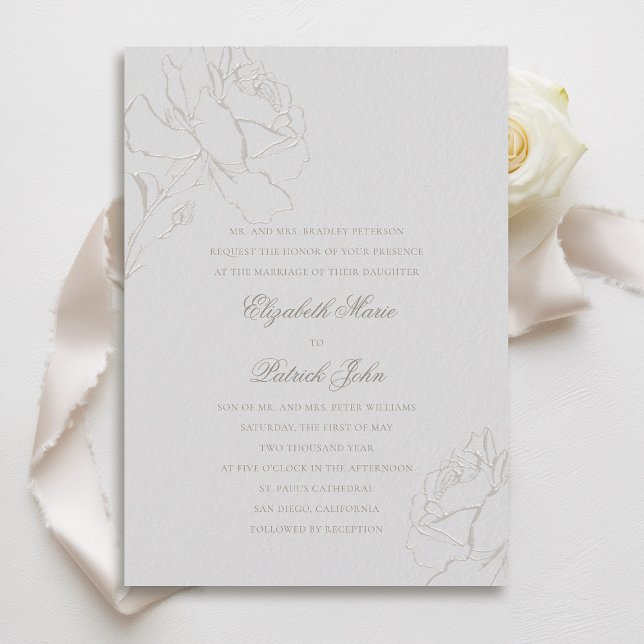 Convites Faux Embossed Rosas Ivory Formal Parents Casamento (faux embossed roses wedding invitation modern classic traditional formal ivory champagne parents)
