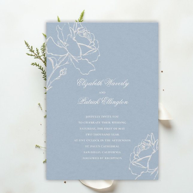 Convites Faux Embossed Roses Blue Formal Classic Wedding (blue wedding theme dusty white invitation formal traditional modern classic floral elegant roses)