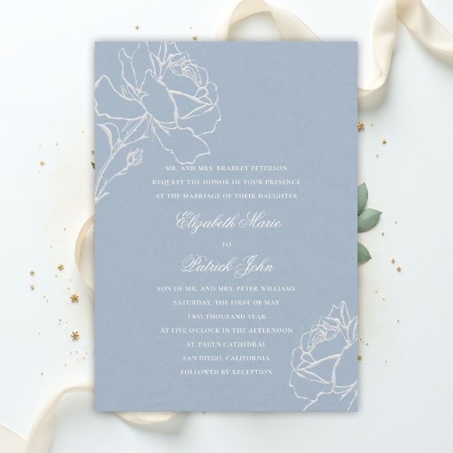 Convites Faux Embossed Roses Blue Formal Parents Wedding (blue wedding theme dusty white invitation formal traditional modern classic floral roses elegant)