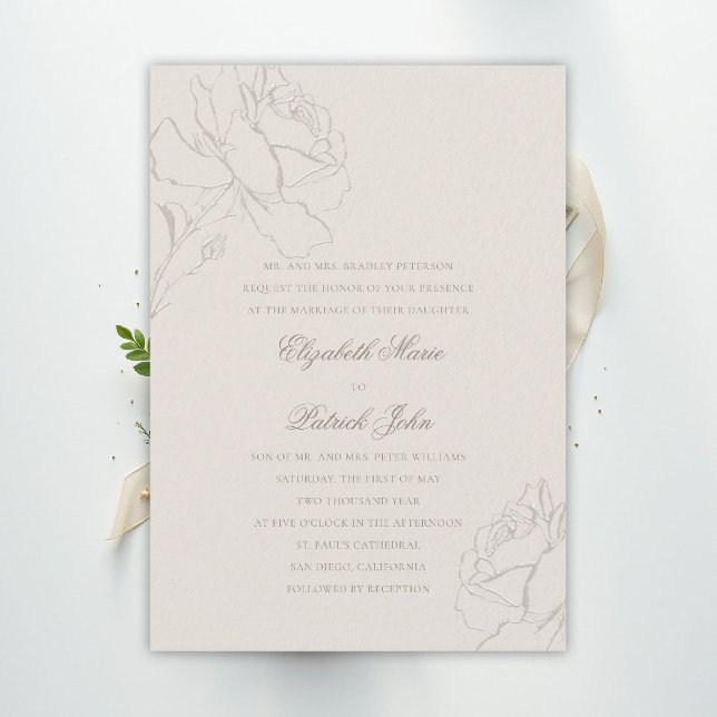 Convites Faux Embossed Roses Ecru Formal Parents Wedding (floral wedding invitation roses ecru formal traditional modern classic ballroom elegant black tie)