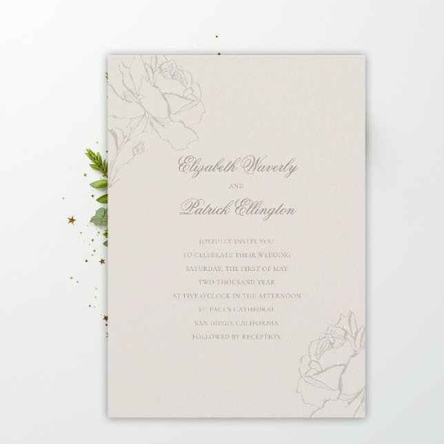 Convites Faux Embossed Roses Ecru Modern Classic Wedding (ethereal wedding theme ecru invitation formal traditional modern classic floral roses elevated)