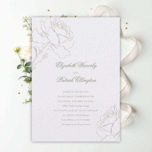 Convites Faux Embossed Roses Pearl Formal Classic Wedding (ethereal wedding theme pearl white invitation formal traditional modern classic floral roses elegant)