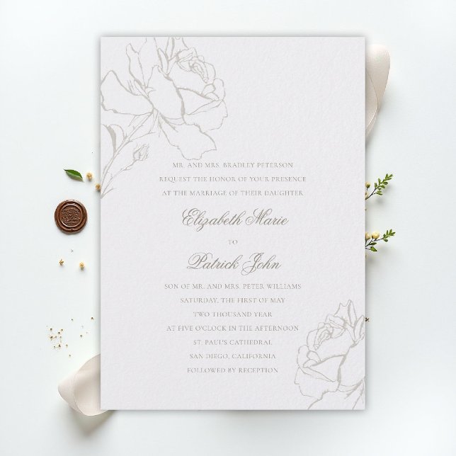 Convites Faux Embossed Roses Pearl Formal Parents Wedding (ethereal wedding theme pearl white invitation formal traditional modern classic floral roses parents)