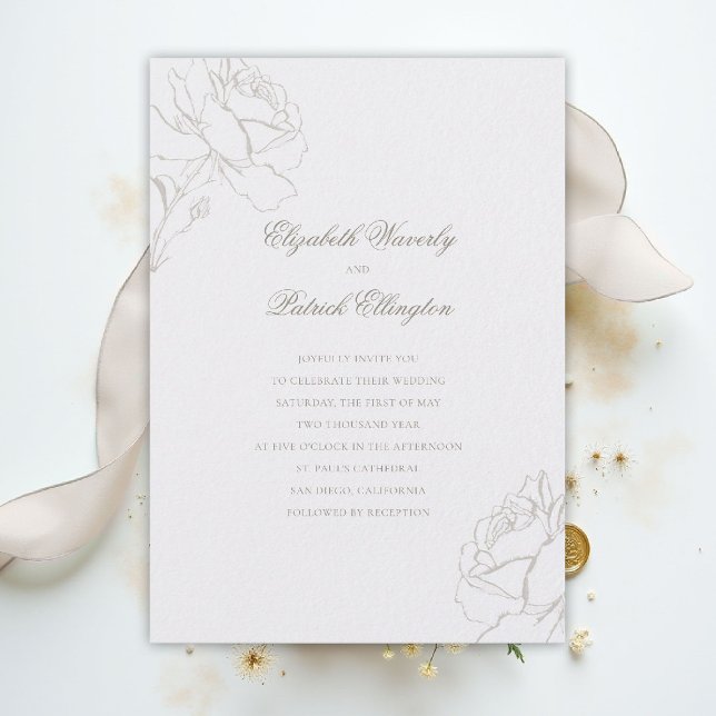Convites Faux Embossed Roses Pearl Modern Classic Wedding (ethereal wedding theme pearl white invitation formal traditional modern classic floral elegant roses)