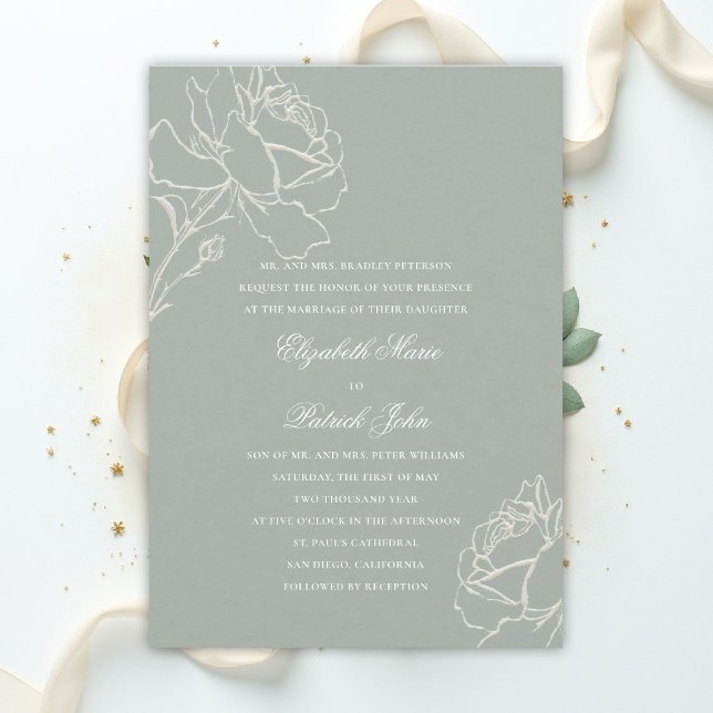 Convites Faux Embossed Roses Sage Green Formal Wedding (sage green wedding theme invitation formal traditional modern classic floral roses elegant)