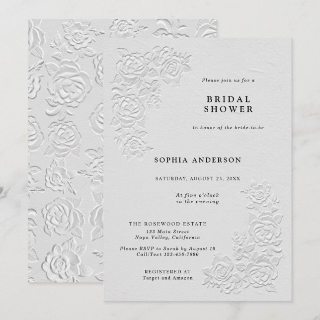 Convites Faux Embossed White Roses Bridal Shower Invitation (Frente/Verso)