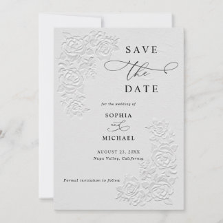 Convites Faux Embossed White Roses Wedding Save the Date 