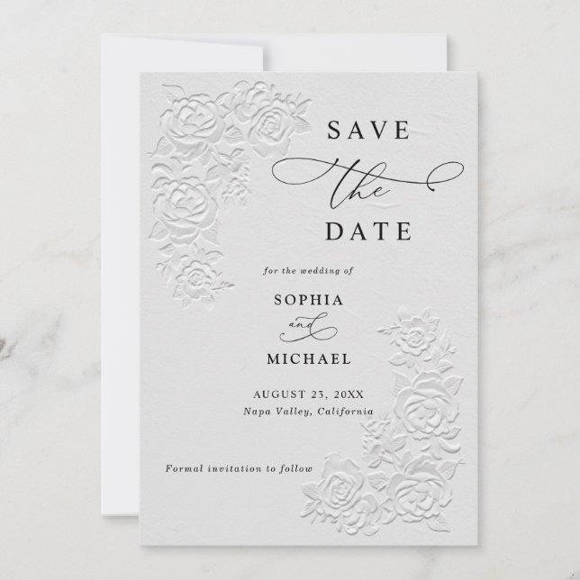 Convites Faux Embossed White Roses Wedding Save the Date  (Frente)