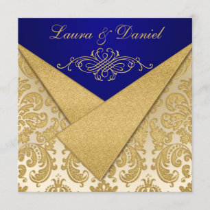 Convites FAUX FLAPS Blue, Dourado Aniversário do Damask