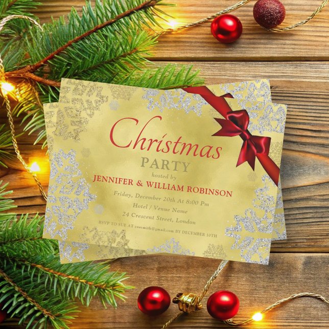Convites FAUX Foil Snowflakes Fala Xmas Friso Foliday (Elegant FAUX Foil Snowflakes Xmas Holiday Ribbon Invitation)