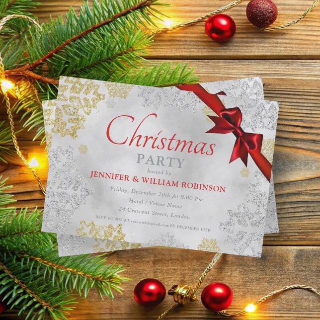 Convites FAUX Foil Snowflakes Xmas Holiday Fbon Silver (FAUX Foil Snowflakes Xmas Holiday Ribbon Silver Invitation)
