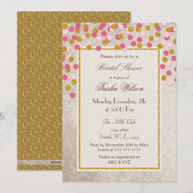 Convites FAUX Glitter Dourado Chá de panela de confetti Ros (Frente/Verso)