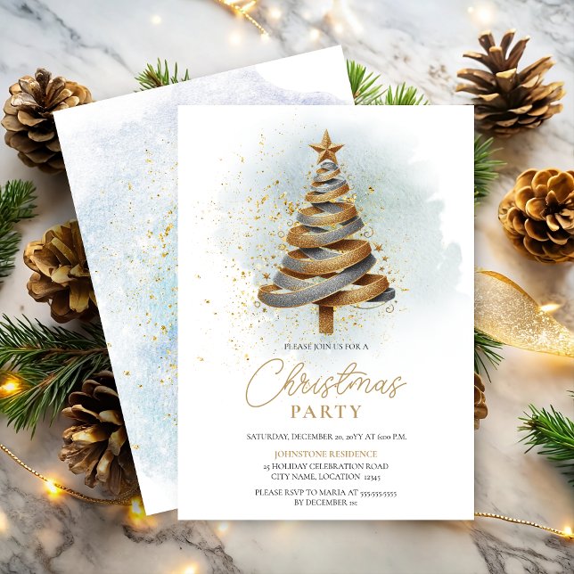 Convites Faux Glitter, Dourado Festa de Natal (Gold and silver faux glitter ribbon tree Christmas Party invitation front and back view.)