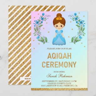 Convites Faux Glitter Dourado - Princesa Azul Aqiqah