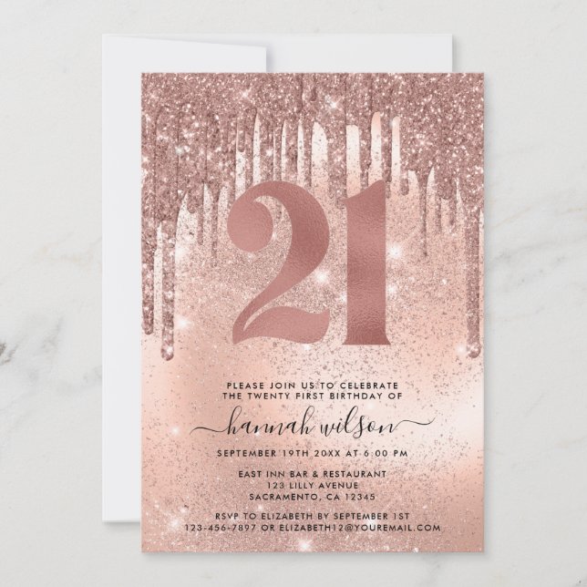 Convites Faux Glitter e Foil aniversário de 21 anos de rosa (Frente)