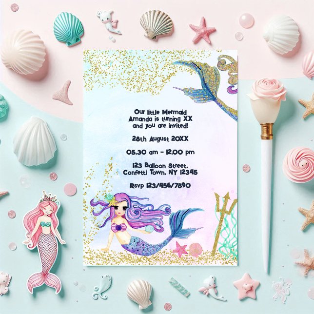 Convites Faux Glitter Party, Aniversário de criança de Sere (Magical Mermaid Faux Glitter Kids Birthday Party Invitation)