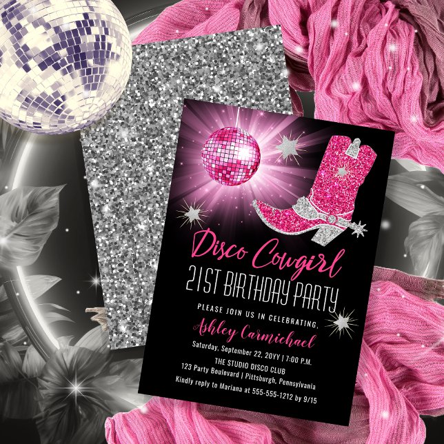 Convites Faux Glitter Pink Disco Cowgirl 21 Festa de aniver (Disco Cowgirl 21st Birthday Party Invitations -- Print and/or Download)