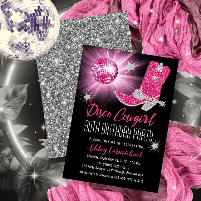 Convites Faux Glitter Pink Disco Cowgirl 30 Festa de aniver (Disco Cowgirl 30th Birthday Party Invitations -- Print and/or Download)
