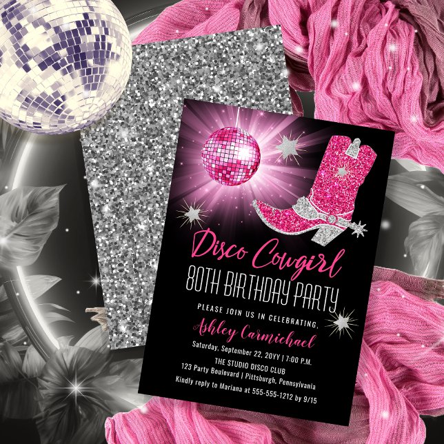 Convites Faux Glitter Pink Disco Cowgirl 80 Festa de aniver (Disco Cowgirl 80th Birthday Party Invitations -- Print and/or Download)