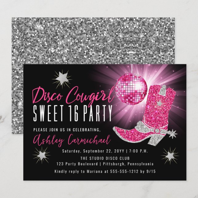Convites Faux Glitter Pink Disco Cowgirl Sweet 16 Party (Frente/Verso)