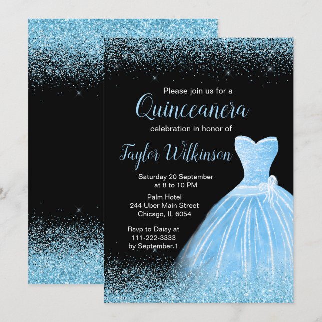 Convites Faux Glitter Quinceanera de vestido azul claro (Frente/Verso)