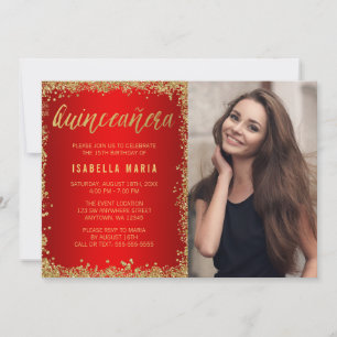 Convites Faux Glitter Quinceanera, Dourado Vermelho, Foto d