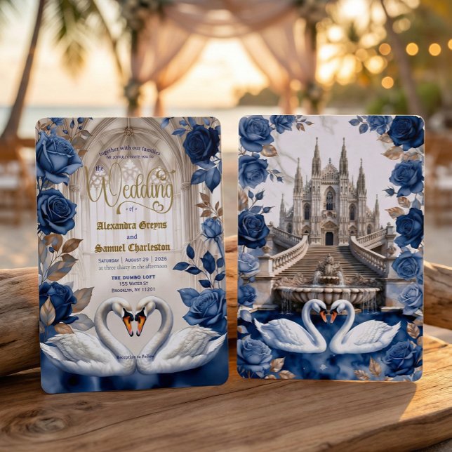 Convites Faux Gold & Bronze Swans Marble Cathedral Wedding (Criador carregado)