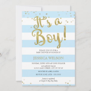 Convites Faux Gold Foil, Chá de fraldas Blue Stripes É um